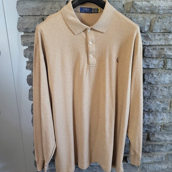 Polo Ralph Lauren Tan Long Sleeve Polo Mens 2XLT 100% Cotton Classic Fit Logo - Picture 1 of 8
